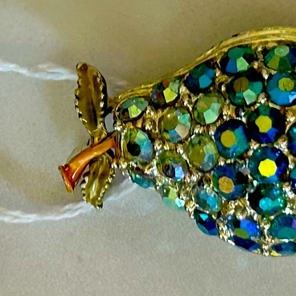 NWT Pear Fruit Gold Brooch Turquoise Blue and Green Rhinestones Unique Handmade